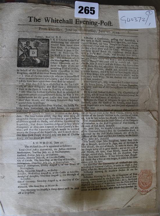 Leaf from: The Whitehall Evening Post dated 1719 &  The London Gazette dated 1690